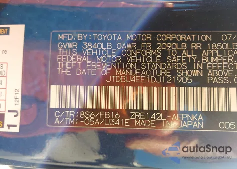 2013 Toyota Corolla Le z USA, uszkodzony, nr VIN JTDBU4EE1DJ121905